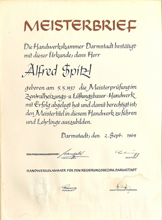 Meisterbrief von Alfred Spitzel, Gründer des Betriebs