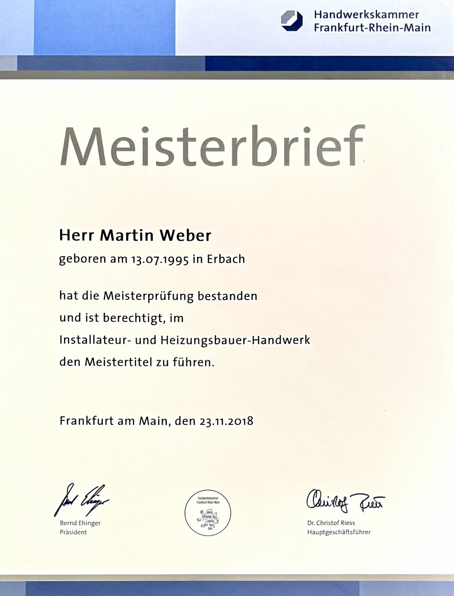 Meisterbrief von Martin Weber